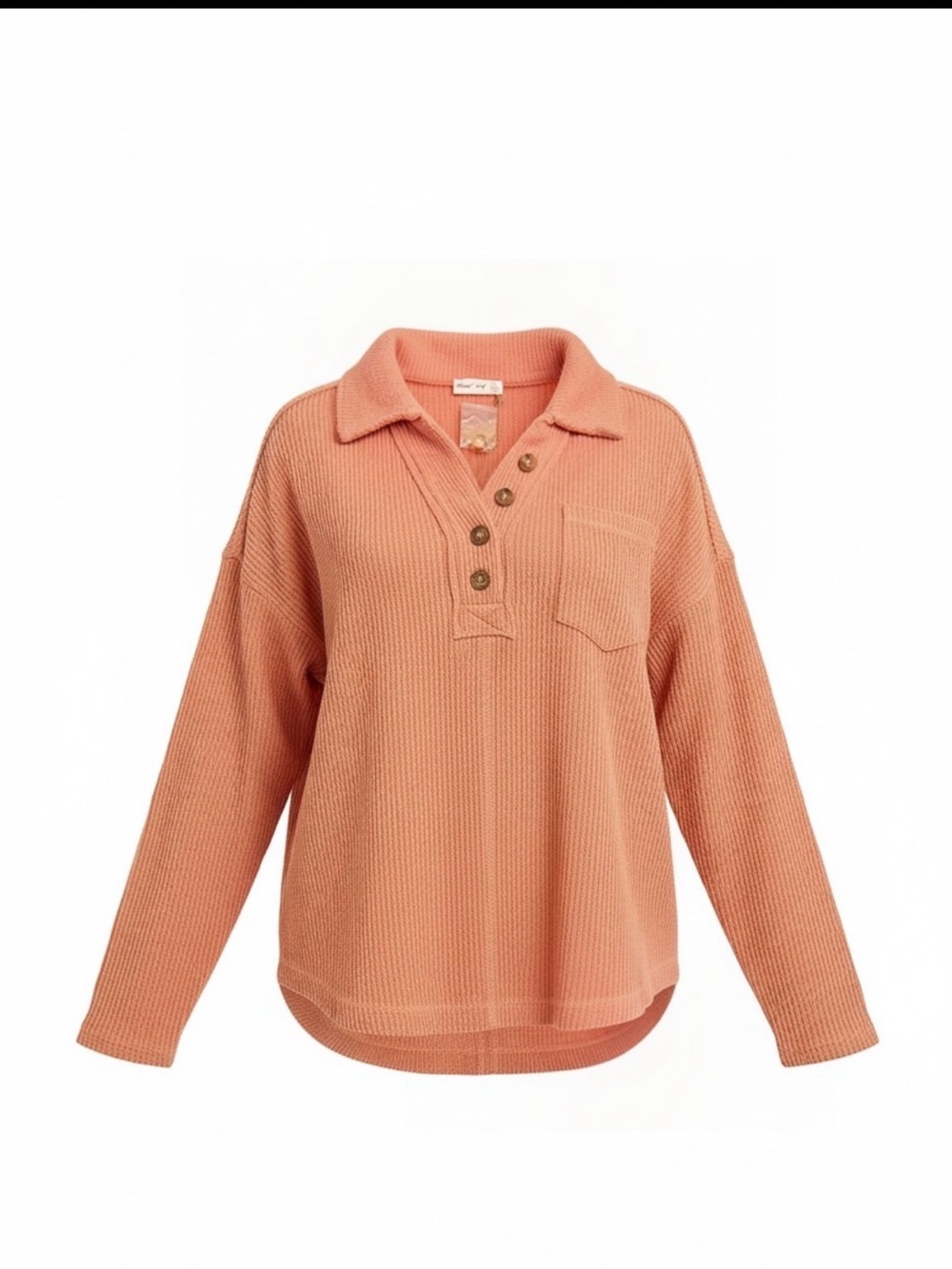 Women’s Waffle-Knit Button Pullover in Coral - Size Large